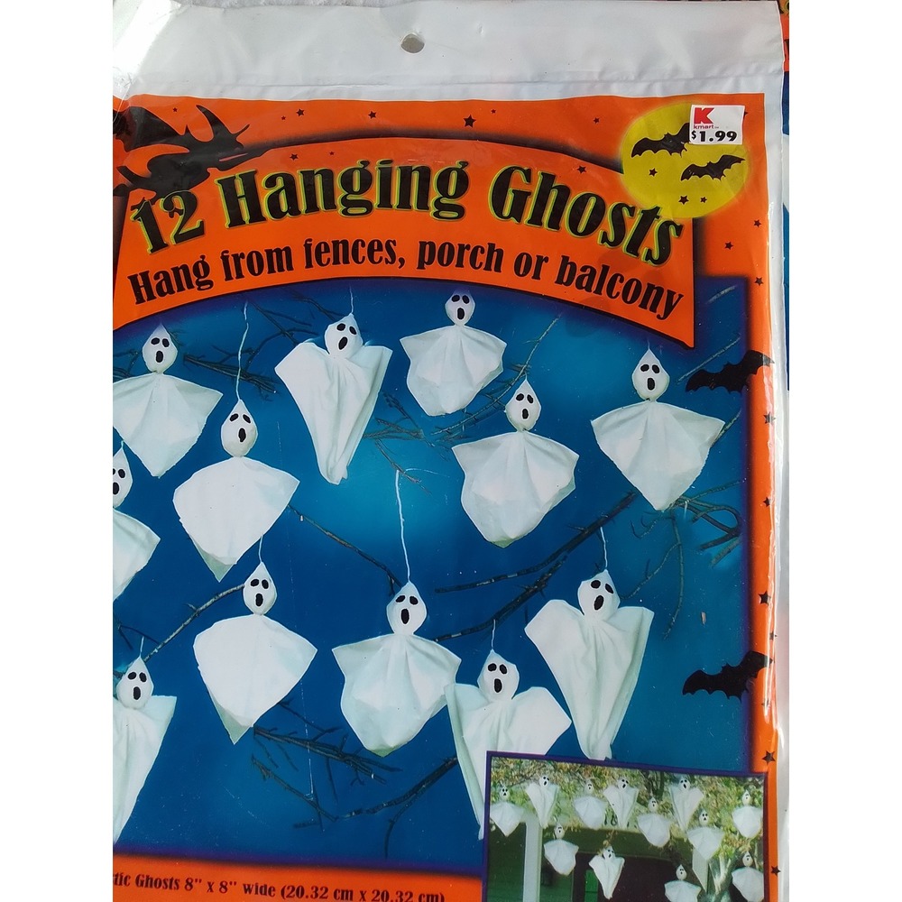 Vintage Halloween Decor Lot 24 Hanging Ghosts & 10 Pumpkin Leaf Bags Kmart New - Picture 3 of 4